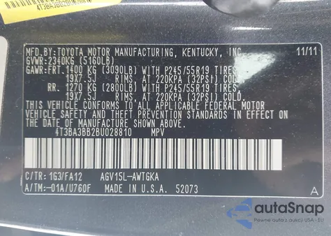 2011 Toyota Venza z USA, uszkodzony, nr VIN 4T3BA3BB2BU028810